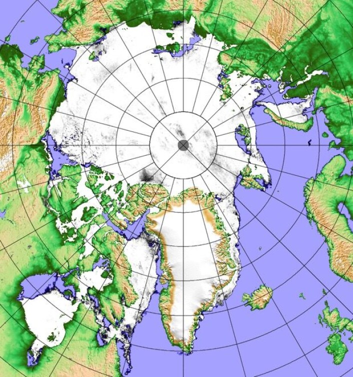 Det går mot sol og sommer i Arktis. Her er iskartet fra 4. juni. (Bilde: Univ i Bremen / Målinger: JAXA) Det går mot sol og sommer i Arktis. Her er iskartet fra 4. juni. (Bilde: Univ i Bremen / Målinger: JAXA)
