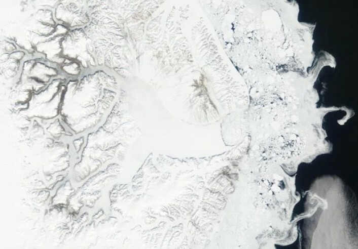 Et fortsatt snø- og isdekket Scoresby Sund på Grønland, sett fra NASAs satellitt Terra 5. juni. (Bilde: NASA Terra MODIS) Et fortsatt snø- og isdekket Scoresby Sund på Grønland, sett fra NASAs satellitt Terra 5. juni. (Bilde: NASA Terra MODIS)