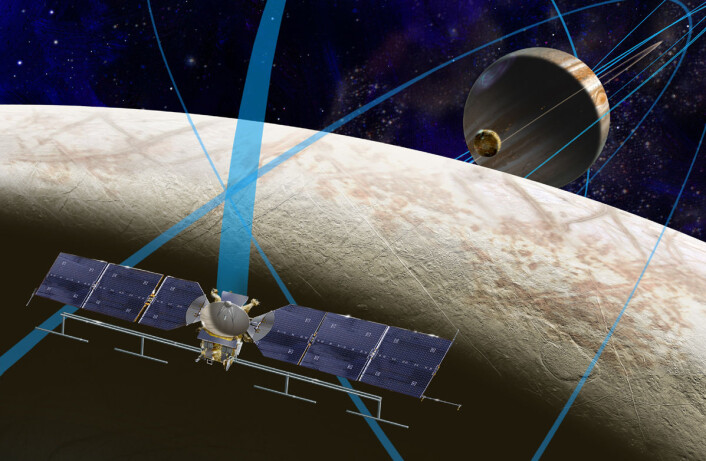 Illustrasjonen viser hvordan NASAs framtidige romsonde til Europa gjennomfører flere nærpasseringer over den isdekkede månen til Jupiter, som kan ha et hav av vann under overflaten. (Foto: (Illustrasjon: NASA/JPL-Caltech)) Illustrasjonen viser hvordan NASAs framtidige romsonde til Europa gjennomfører flere nærpasseringer over den isdekkede månen til Jupiter, som kan ha et hav av vann under overflaten. (Foto: (Illustrasjon: NASA/JPL-Caltech))