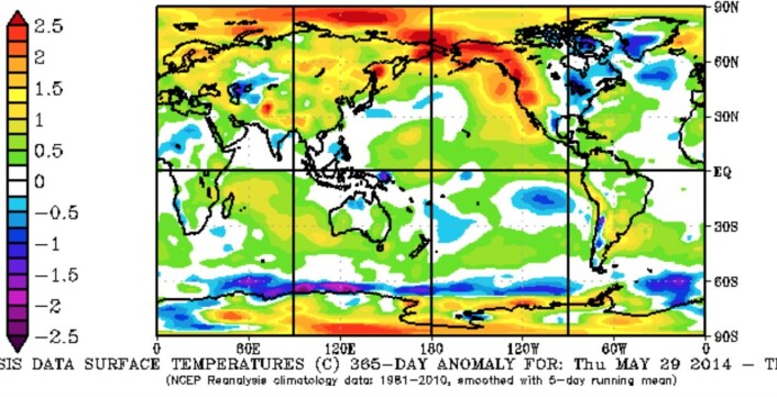 Det er varmt i verden. Her er NOAAs reanalyse av temperaturavviket fra normalen (1981-2010) for de siste 365 døgn. I følge NOAA var for øvrig 12 måneders perioden t.o.m. april i år den varmeste som noen gang er målt. (Bilde: NOAA). Det er varmt i verden. Her er NOAAs reanalyse av temperaturavviket fra normalen (1981-2010) for de siste 365 døgn. I følge NOAA var for øvrig 12 måneders perioden t.o.m. april i år den varmeste som noen gang er målt. (Bilde: NOAA).