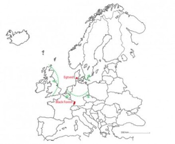 Den røde prikken på kartet er Egtved. De stiplede, grønne linjer viser hvilke områder tenner, hår, negler og klær trolig stammer fra. Det mest sannsynlige opprinnelsesstedet er Schwarzwald, som er markert med en rød prikk. (Foto: (Illustrasjon: Marie Louise Andersson, Nationalmuseet)) Den røde prikken på kartet er Egtved. De stiplede, grønne linjer viser hvilke områder tenner, hår, negler og klær trolig stammer fra. Det mest sannsynlige opprinnelsesstedet er Schwarzwald, som er markert med en rød prikk. (Foto: (Illustrasjon: Marie Louise Andersson, Nationalmuseet))