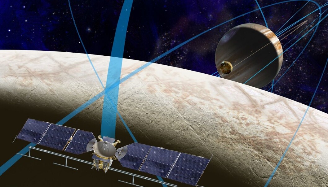 Slik ser en kunstner for seg at Europa Clipper skal suse rundt Europa, til Jupiter og tilbake igjen mange ganger. (Foto: NASA/JPL) Slik ser en kunstner for seg at Europa Clipper skal suse rundt Europa, til Jupiter og tilbake igjen mange ganger. (Foto: NASA/JPL)