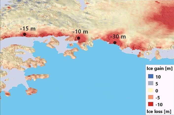 Tap av is i meter (høyde) hos isbreer siden 2009 i den sørlige delen av den antarktiske halvøy, målt av CryoSat. (Foto: University of Bristol) Tap av is i meter (høyde) hos isbreer siden 2009 i den sørlige delen av den antarktiske halvøy, målt av CryoSat. (Foto: University of Bristol)