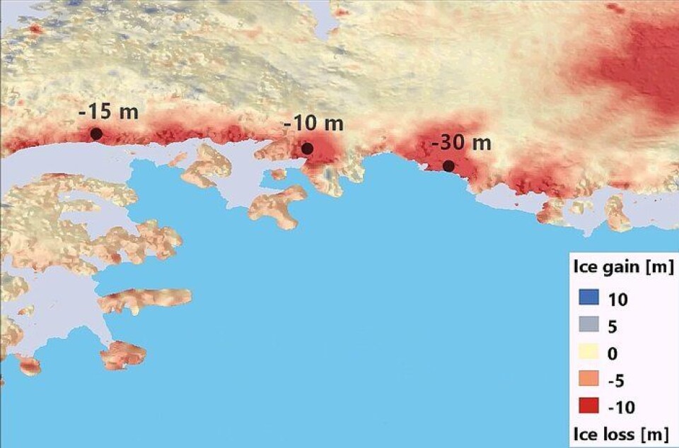 Tap av is i meter (høyde) hos isbreer siden 2009 i den sørlige delen av den antarktiske halvøy, målt av CryoSat. (Foto: University of Bristol)