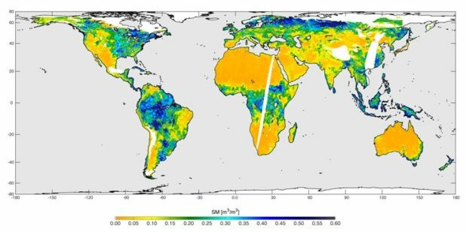 NASAs første forsøk på kvantifisering av jordfuktigheten, basert på data fra SMAP i dagene 4 - 11 mai. (Bilde: NASA/JPL-Caltech/GSFC)