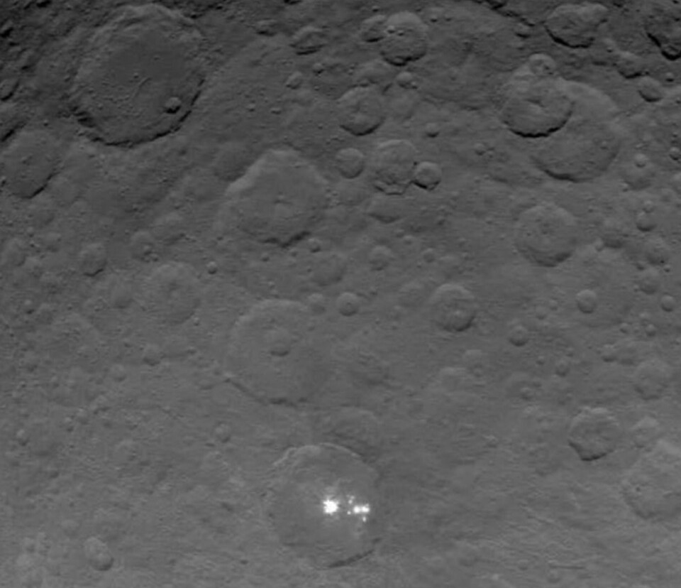 Det beste Dawn-bildet hittil fra dvergplaneten Ceres. Skal vi gjette at det er is som reflekterer så sterkt der nede i det ene krateret? (Bilde: NASA)