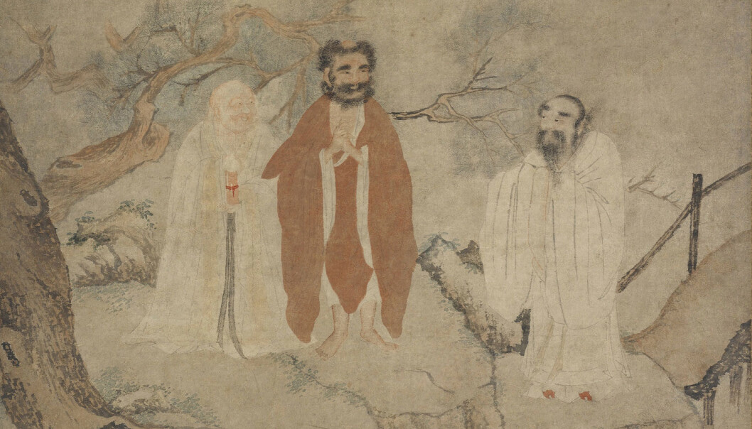 Den kinesiske filosofen Laozi (i midten) sammen med selveste Buddha (til venstre) og Konfucius (til høyre). (Illustrasjon: Heritage) Den kinesiske filosofen Laozi (i midten) sammen med selveste Buddha (til venstre) og Konfucius (til høyre). (Illustrasjon: Heritage)