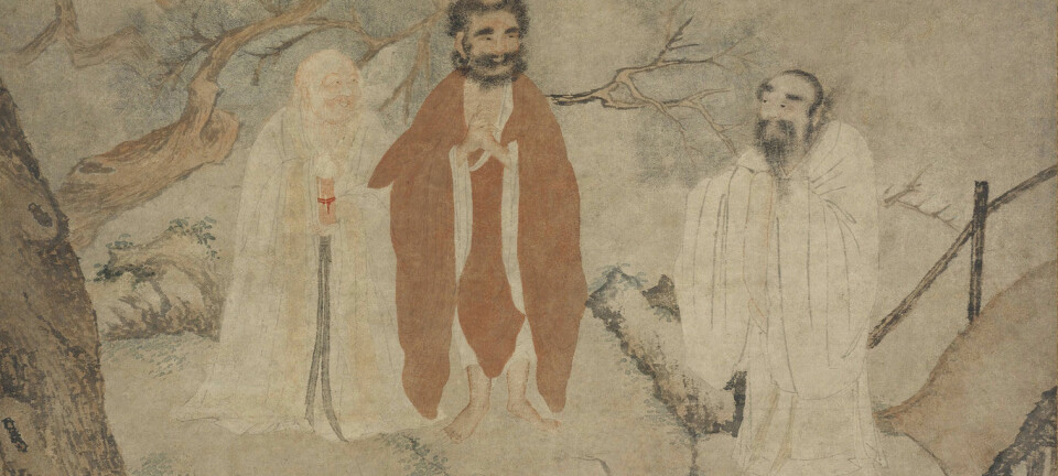 Den kinesiske filosofen Laozi (i midten) sammen med selveste Buddha (til venstre) og Konfucius (til høyre). (Illustrasjon: Heritage)