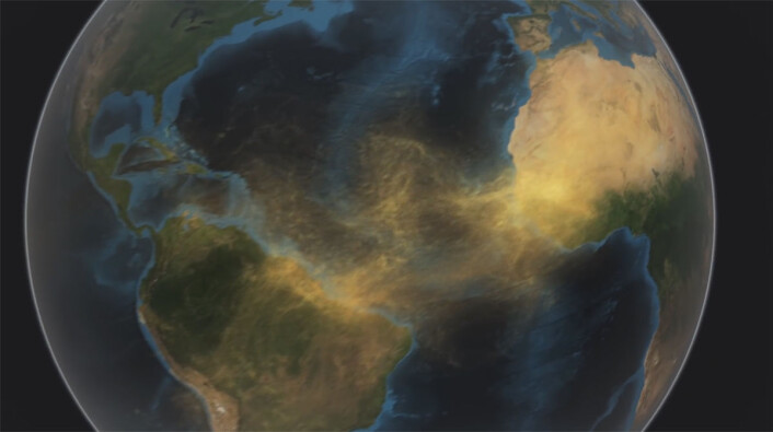 NASA-satellitten CALIPSO har oppdaget en elv av støv som frakter næringsrikt fosfor fra Sahara til regnskogen i Amazonas. (Foto: (Illustrasjon: Fra video av NASA Goddard's Scientific Visualization Studio)) NASA-satellitten CALIPSO har oppdaget en elv av støv som frakter næringsrikt fosfor fra Sahara til regnskogen i Amazonas. (Foto: (Illustrasjon: Fra video av NASA Goddard's Scientific Visualization Studio))