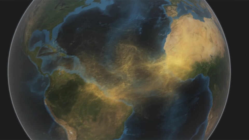 NASA-satellitten CALIPSO har oppdaget en elv av støv som frakter næringsrikt fosfor fra Sahara til regnskogen i Amazonas. (Foto: (Illustrasjon: Fra video av NASA Goddard's Scientific Visualization Studio))