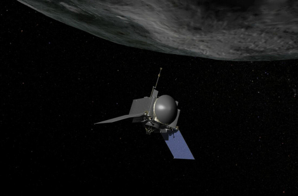 Illustrasjon som viser NASAs framtidige romsonde OSIRIS-REx, som etter planen skal hente materiale fra overflaten av asteroiden Bennu i 2019. (Foto: (Illustrasjon: NASA/Goddard/Chris Meaney))