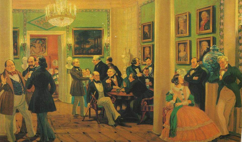 Salonger var viktige møtesteder på 1800-tallet, både i Frankrike og resten av Europa. Her fra en salong i Moskva rundt 1840. (Foto: (Maleri: Boris Kustodiev, Wikimedia Commons))