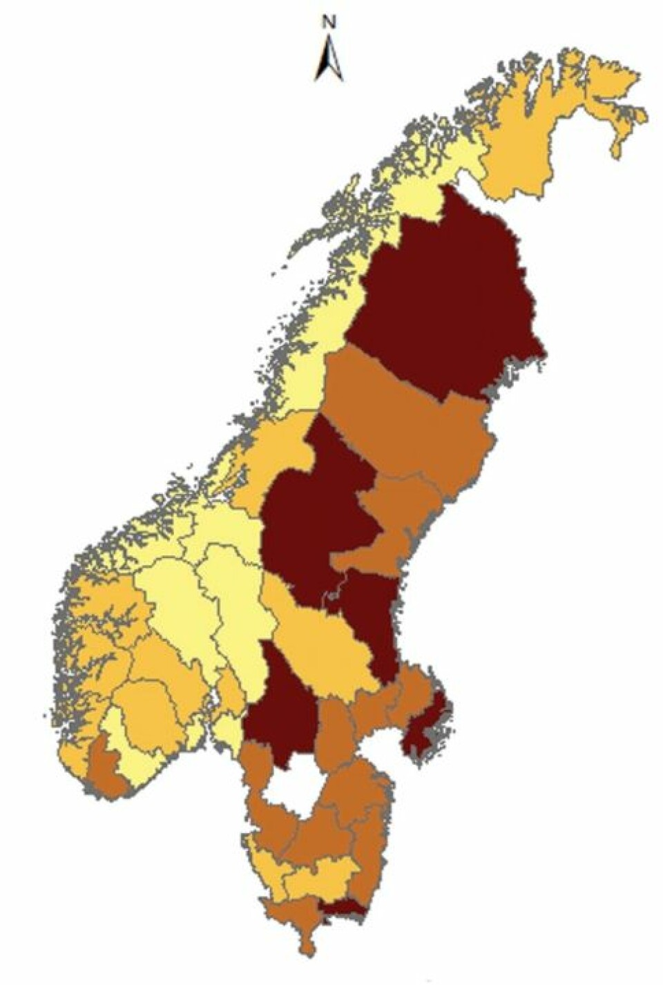 Kartet viser hvor økosentrisk (mørk farge) folk svarer i Sverige og Norge, fordelt på fylker. Svensker ser seg selv som en del av naturen, mer enn hva nordmenn gjør (Foto: Fra studien)