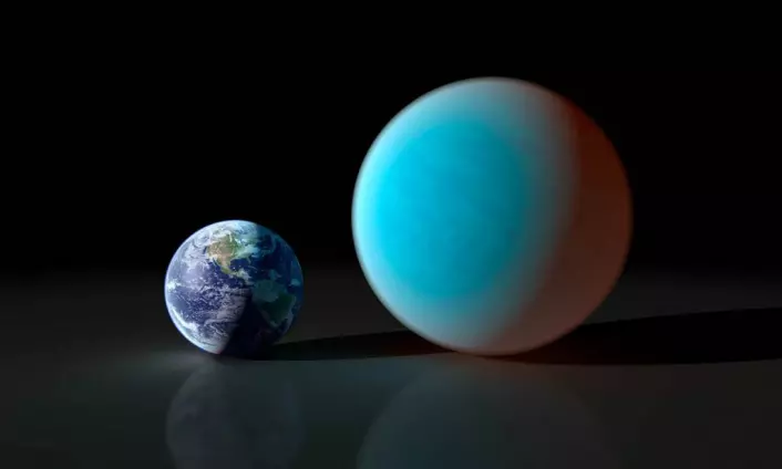 Eksoplaneten 55 Cancri e er ein steinplanet om lag dobbelt så stor som jorda, med ein masse som er om lag åtte gongar så stor. (Foto: NASA/JPL-Caltech/R. Hurt (SSC))