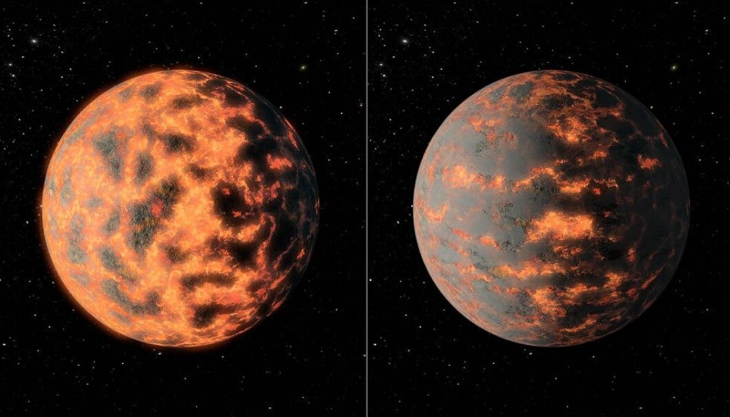 Temperaturen på den varme dagsida av planeten 55 Cancri e varierer med 1400 grader i løpet. Årsaka kan vere vulkanar som spyr ut gass og støv. Biletet viser ein illustrasjon av korleis planeten kan sjå ut. (Foto: NASA/JPL-Caltech/R. Hurt (IPAC)) Temperaturen på den varme dagsida av planeten 55 Cancri e varierer med 1400 grader i løpet. Årsaka kan vere vulkanar som spyr ut gass og støv. Biletet viser ein illustrasjon av korleis planeten kan sjå ut. (Foto: NASA/JPL-Caltech/R. Hurt (IPAC))
