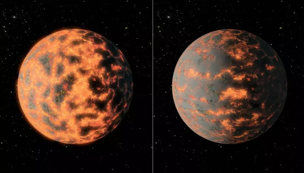 Temperaturen på den varme dagsida av planeten 55 Cancri e varierer med 1400 grader i løpet. Årsaka kan vere vulkanar som spyr ut gass og støv. Biletet viser ein illustrasjon av korleis planeten kan sjå ut. (Foto: NASA/JPL-Caltech/R. Hurt (IPAC))