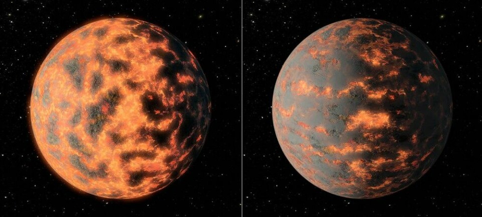 Temperaturen på den varme dagsida av planeten 55 Cancri e varierer med 1400 grader i løpet. Årsaka kan vere vulkanar som spyr ut gass og støv. Biletet viser ein illustrasjon av korleis planeten kan sjå ut. (Foto: NASA/JPL-Caltech/R. Hurt (IPAC))