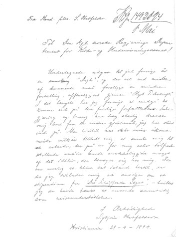 Obstfelders søknad 1894 om stipend fra Schäffers legat. Original i Riksarkivet. S-3568 Kirke- og undervisningsdepartementet. Skolekontoret D. Obstfelders søknad 1894 om stipend fra Schäffers legat. Original i Riksarkivet. S-3568 Kirke- og undervisningsdepartementet. Skolekontoret D.