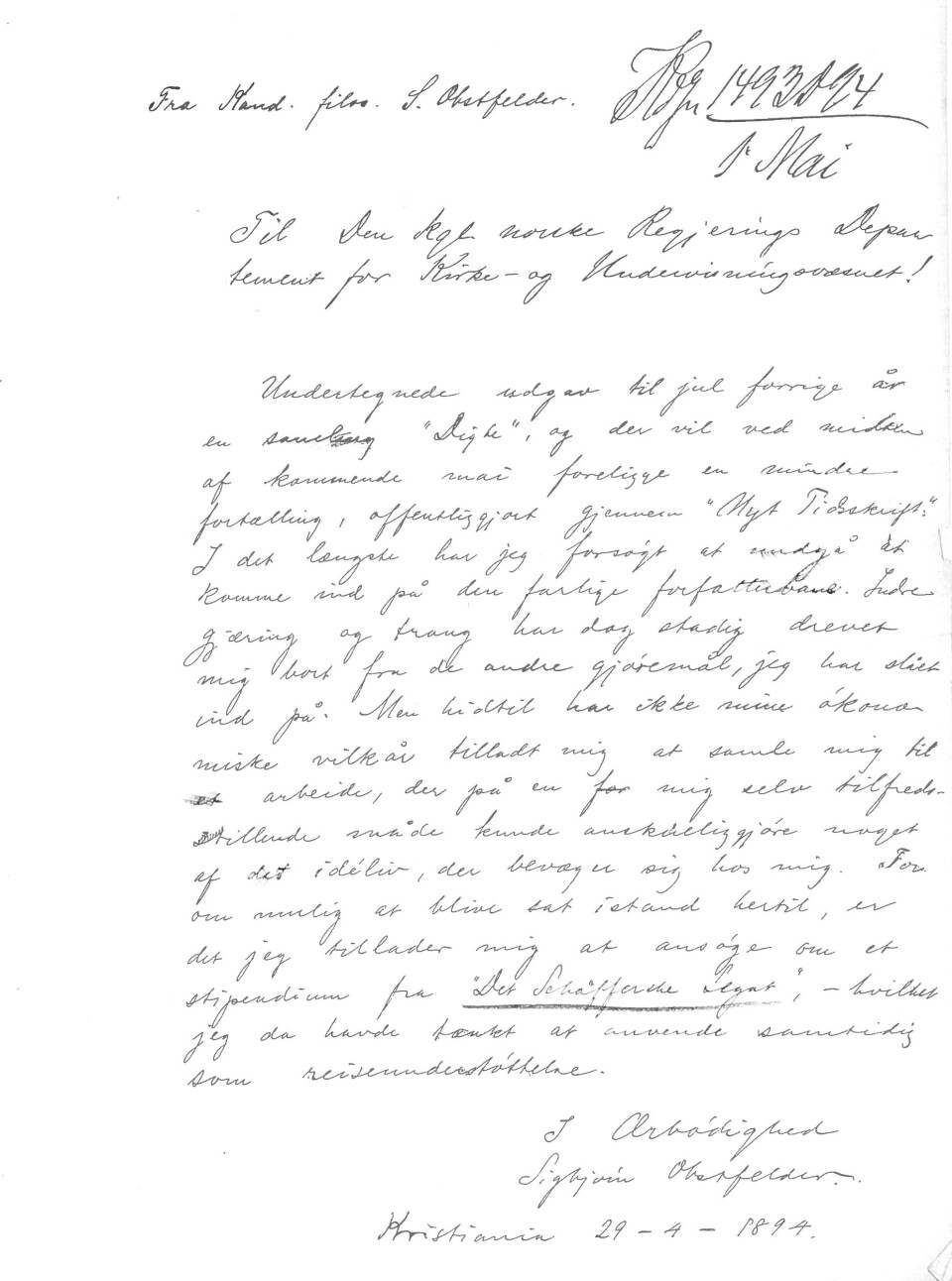 Obstfelders søknad 1894 om stipend fra Schäffers legat. Original i Riksarkivet. S-3568 Kirke- og undervisningsdepartementet. Skolekontoret D.