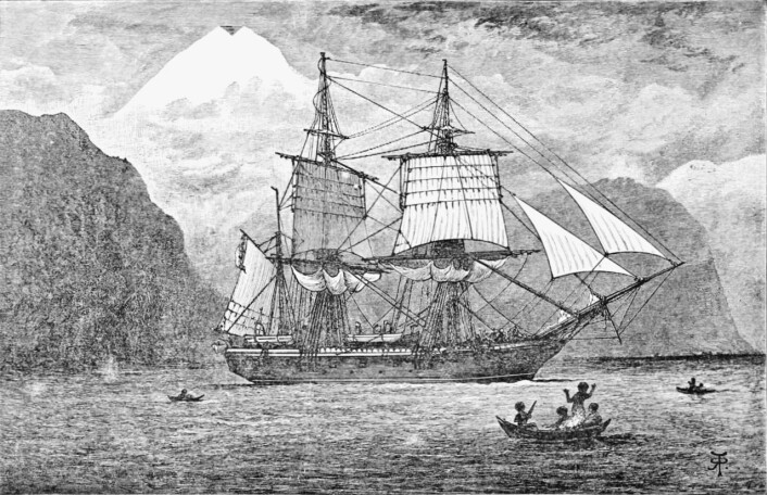HMS Beagle på reise gjennom Magellanstredet, slik en kunstner har sett den for seg. (Foto: (Bilde: R.T. Pritchett)) HMS Beagle på reise gjennom Magellanstredet, slik en kunstner har sett den for seg. (Foto: (Bilde: R.T. Pritchett))