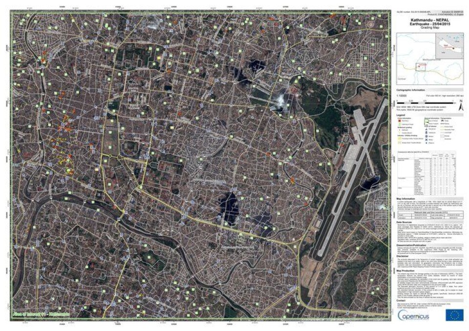 Kart over Katmandu basert på optiske satellittdata etter jordskjelvet 25. april 2015. Slike kart brukes for å kartlegge katastrofeområdet og har som dette kartet viktig informasjon lagt til for hjelpearbeidet. (Foto: DigitalGlobe/European Commission)