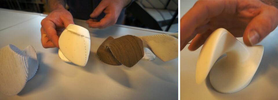 Til venstre: Utviklingstrinn fra ryggvirvel hos hvithval, med gjentatte bearbeidinger av 3D-printede modeller og ny skanning. Til høyre: Modell av den ferdige ergonomiske datamusen. (Foto: Arnfinn Christensen)