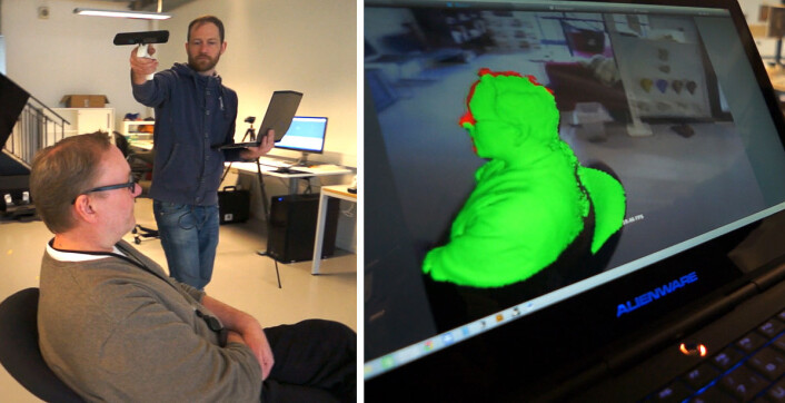 Spillkontrollen Kinect har en dybdesensor og registrerer bevegelser. Den kan derfor brukes til rask, grov 3D-skanning. (Foto: Fra video av Arnfinn Christensen) Spillkontrollen Kinect har en dybdesensor og registrerer bevegelser. Den kan derfor brukes til rask, grov 3D-skanning. (Foto: Fra video av Arnfinn Christensen)