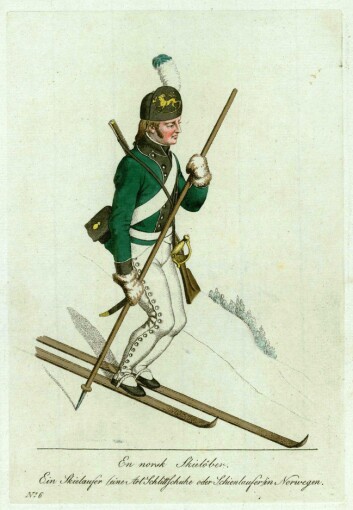 "En skiløber fra det søndenfjeldske skiløberkompani", Kobberstikk fra fra plansjeverket "Norske Nationale Klædesdragter", utgitt i København 1812-1815. (Foto: Digitalt museum, Norsk Folkemuseum) "En skiløber fra det søndenfjeldske skiløberkompani", Kobberstikk fra fra plansjeverket "Norske Nationale Klædesdragter", utgitt i København 1812-1815. (Foto: Digitalt museum, Norsk Folkemuseum)