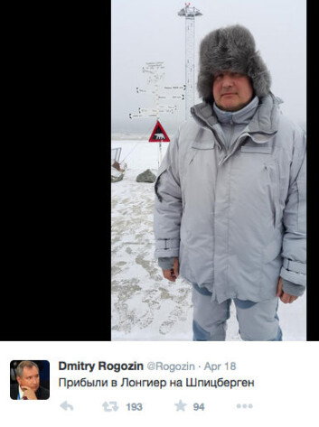 Dmitrij Rogozin twitret ivrig da han besøkte Longyearbyen og Svalbard uten norsk samtykke søndag. – Vi er kommet til Arktis for alltid og vi skal gjøre det vårt, uttalte den russiske visestatsministeren. Dmitrij Rogozin twitret ivrig da han besøkte Longyearbyen og Svalbard uten norsk samtykke søndag. – Vi er kommet til Arktis for alltid og vi skal gjøre det vårt, uttalte den russiske visestatsministeren.