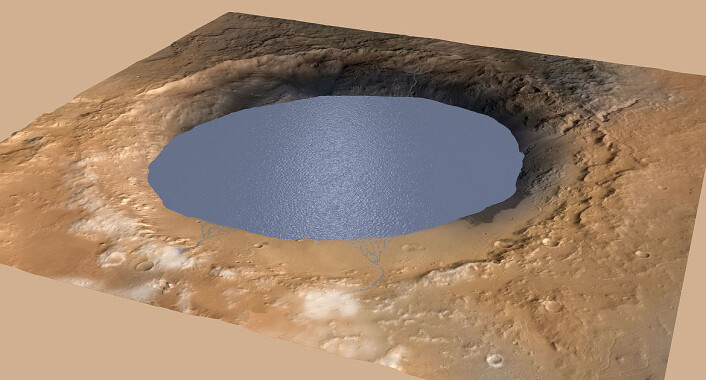 Illustrasjonen viser en sjø som delvis fyller Gale-krateret på Mars. Sjøen får tilførsel fra smeltet is langs kraterkanten. NASAs marskjøretøy Curiosity har funnet spor av gamle elver, deltaer og sjøer som tyder på at krateret inneholdt en innsjø for mer enn tre milliarder år siden. (Foto: (Illustrasjon: NASA)) Illustrasjonen viser en sjø som delvis fyller Gale-krateret på Mars. Sjøen får tilførsel fra smeltet is langs kraterkanten. NASAs marskjøretøy Curiosity har funnet spor av gamle elver, deltaer og sjøer som tyder på at krateret inneholdt en innsjø for mer enn tre milliarder år siden. (Foto: (Illustrasjon: NASA))