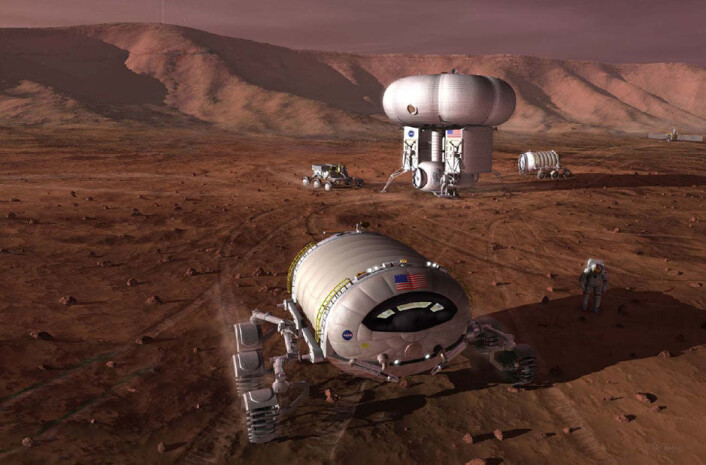 Illustrasjon fra 200 som viser en tenkt bemannet utpost på Mars. Illustrasjonen er ikke knyttet til de nye planene fra JPL. (Foto: (Illustrasjon: NASA)) Illustrasjon fra 200 som viser en tenkt bemannet utpost på Mars. Illustrasjonen er ikke knyttet til de nye planene fra JPL. (Foto: (Illustrasjon: NASA))