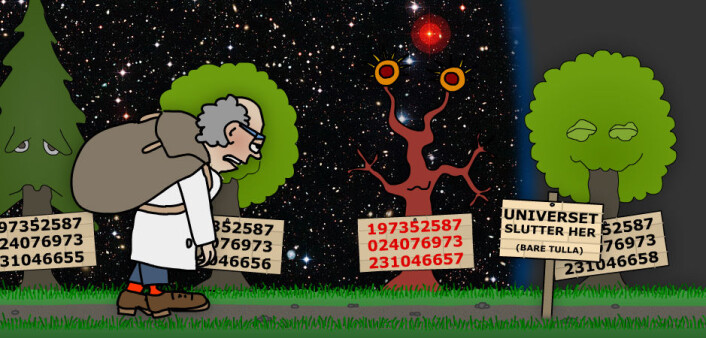 Langt om lenge kom matematikeren til yttergrensen av det kjente univers, 46 milliarder lysår fra Tine Meieriet Jæren. Her var det også et primtall, men langt fra det største. Matematikeren lurte på om han skulle snu, men fant ut at så lenge det er tallinje, er det håp om flere primtall. (Illustrasjon: Arnfinn Christensen. Foto: ESO, Creative Commons) Langt om lenge kom matematikeren til yttergrensen av det kjente univers, 46 milliarder lysår fra Tine Meieriet Jæren. Her var det også et primtall, men langt fra det største. Matematikeren lurte på om han skulle snu, men fant ut at så lenge det er tallinje, er det håp om flere primtall. (Illustrasjon: Arnfinn Christensen. Foto: ESO, Creative Commons)