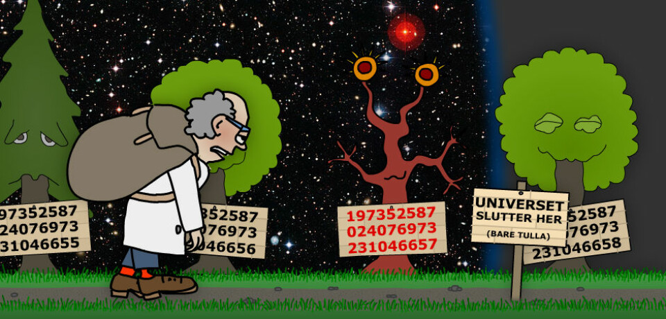 Langt om lenge kom matematikeren til yttergrensen av det kjente univers, 46 milliarder lysår fra Tine Meieriet Jæren. Her var det også et primtall, men langt fra det største. Matematikeren lurte på om han skulle snu, men fant ut at så lenge det er tallinje, er det håp om flere primtall. (Illustrasjon: Arnfinn Christensen. Foto: ESO, Creative Commons)