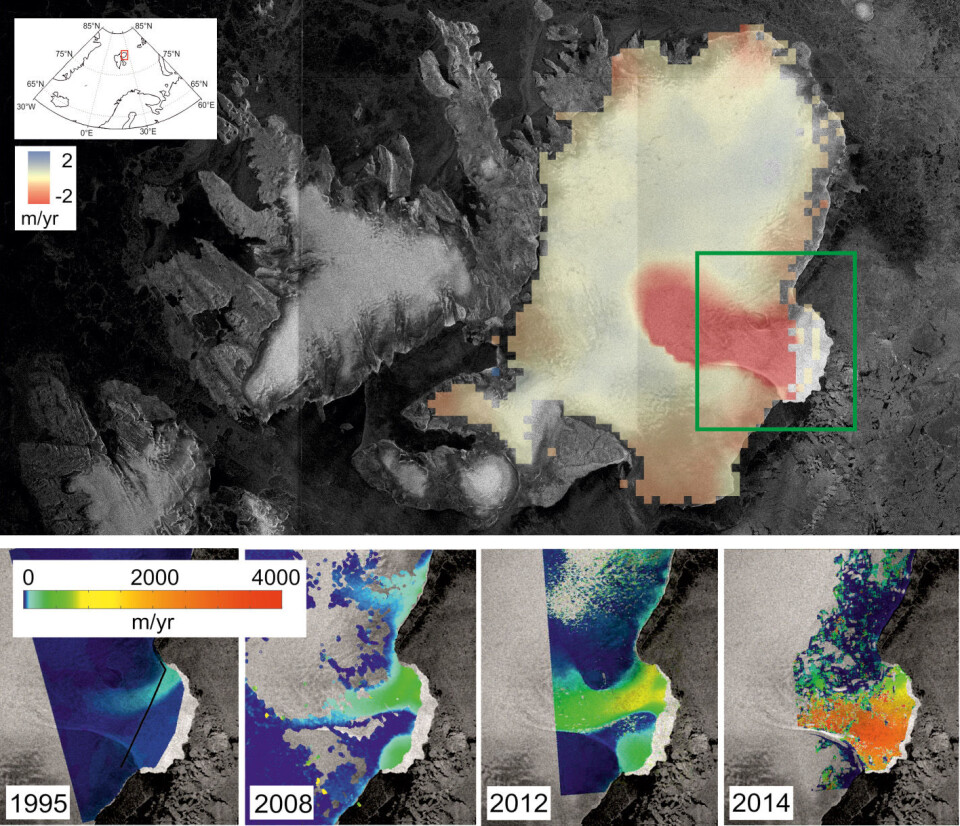 Smelting av Austfonna på Nordaustlandet på Svalbard. Det øverste bildet viser endring i istykkelse målt av Cryosat fra 2010 til 2014. De små bildene nederst viser isbreens hastighet målt ved ulike tidspunkt siden 1995. (Foto: CPOM/GRL)