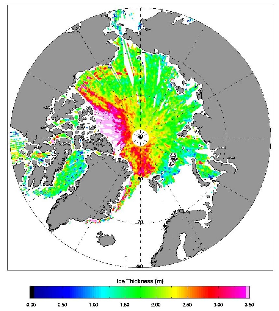 CryoSats målinger av havisens utbredelse mellom 18. mars og 14. april 2015. Denne og flere andre iskart fra CryoSat oppdateres i en ny tjenesten på nettet (http://www.cpom.ucl.ac.uk/csopr/index.html). (Foto: ESA/CPOM)