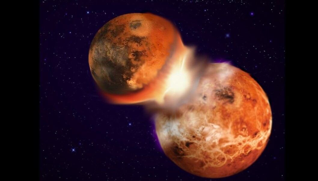 Nye berekningar viser at det er ganske stort sannsyn for at jorda kan ha kollidert med ein tvillingplanet med lik samansetning. (Illustrasjon: Hagai Perets) Nye berekningar viser at det er ganske stort sannsyn for at jorda kan ha kollidert med ein tvillingplanet med lik samansetning. (Illustrasjon: Hagai Perets)