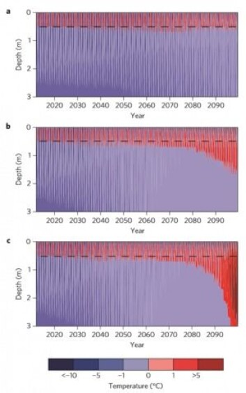Figurene viser hvordan temperaturen i permafrosten vil utvikle seg, ifølge forskerne. Figur a viser at det stort sett ikke skjer noe hvis klimaendringene holdes på et lavt nivå. Figur b viser utviklingen hvis den globale oppvarmingen blir betydelig, og i figur c er permafrostens egen varmeproduksjon regnet med. Merk at det er omkring år 2100 varmeproduksjonen for alvor skyter fart. (Foto: (Illustrasjon: Jørgen Hollesen et al.) ) Figurene viser hvordan temperaturen i permafrosten vil utvikle seg, ifølge forskerne. Figur a viser at det stort sett ikke skjer noe hvis klimaendringene holdes på et lavt nivå. Figur b viser utviklingen hvis den globale oppvarmingen blir betydelig, og i figur c er permafrostens egen varmeproduksjon regnet med. Merk at det er omkring år 2100 varmeproduksjonen for alvor skyter fart. (Foto: (Illustrasjon: Jørgen Hollesen et al.) )