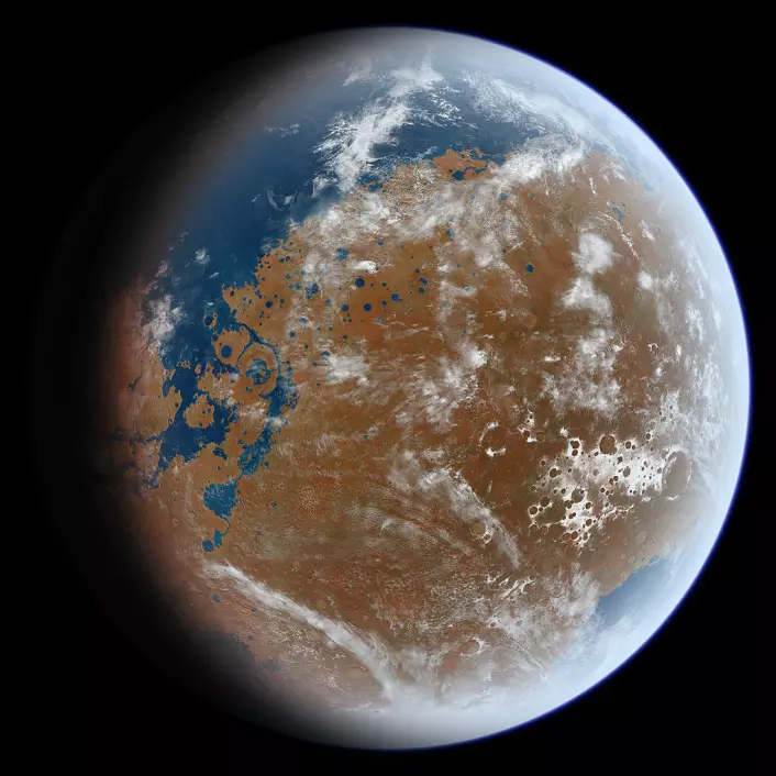 Slik kan Mars ha sett for flere milliarder år siden, i en kunstnerisk framstilling. (Foto: (Bilde: Ittiz, CC BY-SA 3.0))