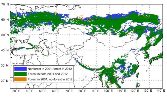 Et interessant satellittbasert estimat av skogens endringer i Russland og Kina det siste tiåret. (Bilde: Yi et al (2015) Supplementary Info). Et interessant satellittbasert estimat av skogens endringer i Russland og Kina det siste tiåret. (Bilde: Yi et al (2015) Supplementary Info).