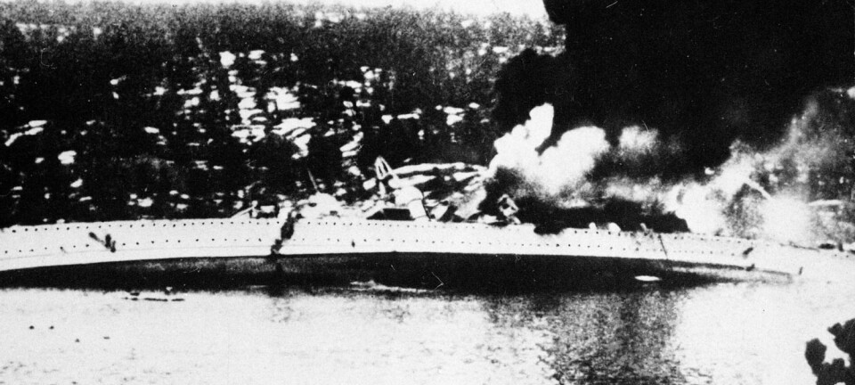 Om morgenen 9. april 1940 kom den tyske krysseren «Blücher» inn Oslofjorden.  I Drøbaksundet ble krigsskipet beskutt og senket av kanonene og torpedoene på Oscarsborg festning.  (Foto: NTB scanpix)