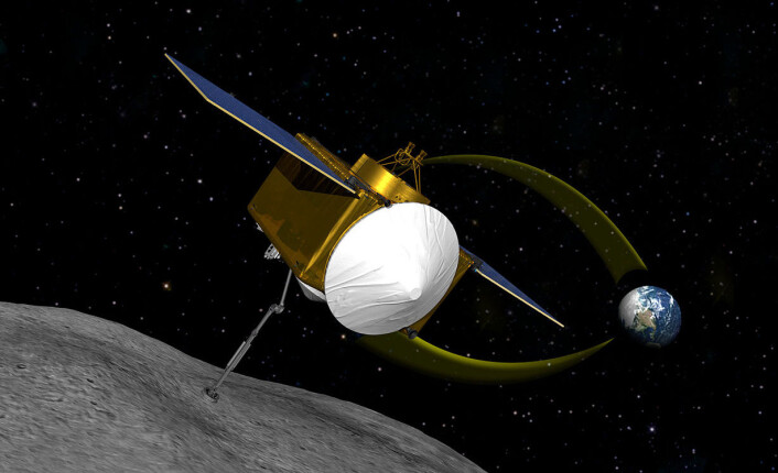 Romsonden OSORIS-RREx skal hente prøver fra asteroiden 1999 RQ36, også kjent som Bennu. (Foto: (Illustrasjon: NASA)) Romsonden OSORIS-RREx skal hente prøver fra asteroiden 1999 RQ36, også kjent som Bennu. (Foto: (Illustrasjon: NASA))