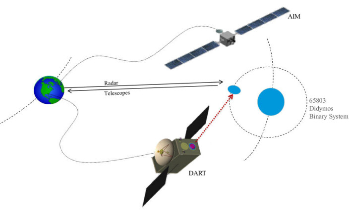 Figuren viser hvordan den europeiske AIM-sonden skal utforske asteroiden Didymos og observere den amerikanske DART når den sender ut et prosjektil for å endre banen til asteroidens mindre følgesvenn, Didymoon. (Foto: (Figur: ESA)) Figuren viser hvordan den europeiske AIM-sonden skal utforske asteroiden Didymos og observere den amerikanske DART når den sender ut et prosjektil for å endre banen til asteroidens mindre følgesvenn, Didymoon. (Foto: (Figur: ESA))