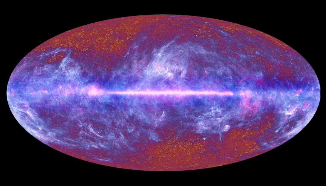 Det unge universet bestod nesten bare av hydrogen. Dette hydrogenet glødet, og denne gløden kan vi fortsatt se som radiobølger i den kosmiske bakgrunnsstrålingen, her observert fra romobservatoriet Planck. (Bilde: ESA/Planck Collaboration) Det unge universet bestod nesten bare av hydrogen. Dette hydrogenet glødet, og denne gløden kan vi fortsatt se som radiobølger i den kosmiske bakgrunnsstrålingen, her observert fra romobservatoriet Planck. (Bilde: ESA/Planck Collaboration)