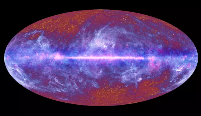Det unge universet bestod nesten bare av hydrogen. Dette hydrogenet glødet, og denne gløden kan vi fortsatt se som radiobølger i den kosmiske bakgrunnsstrålingen, her observert fra romobservatoriet Planck. (Foto: (Bilde: ESA/Planck Collaboration))