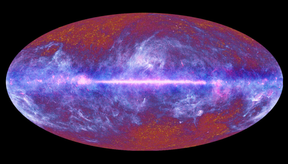 Det unge universet bestod nesten bare av hydrogen. Dette hydrogenet glødet, og denne gløden kan vi fortsatt se som radiobølger i den kosmiske bakgrunnsstrålingen, her observert fra romobservatoriet Planck. (Bilde: ESA/Planck Collaboration)
