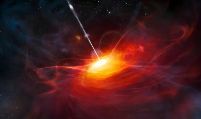 Illustrasjon av et svart hull med masse to milliarder ganger solens trekker til seg hydrogengass med en slik fart at den begynner å gløde. Denne kvasaren ULAS J1120+0641 er blant de fjerneste objektene vi kan observere. Vi ser den slik den var bare 770 millioner år etter det store smellet, for 13 milliarder år siden. Så lang tid har lyset brukt på å nå fram til oss. (Foto: (Illustrasjon: ESO/M. Kornmesser, Creative Commons.))