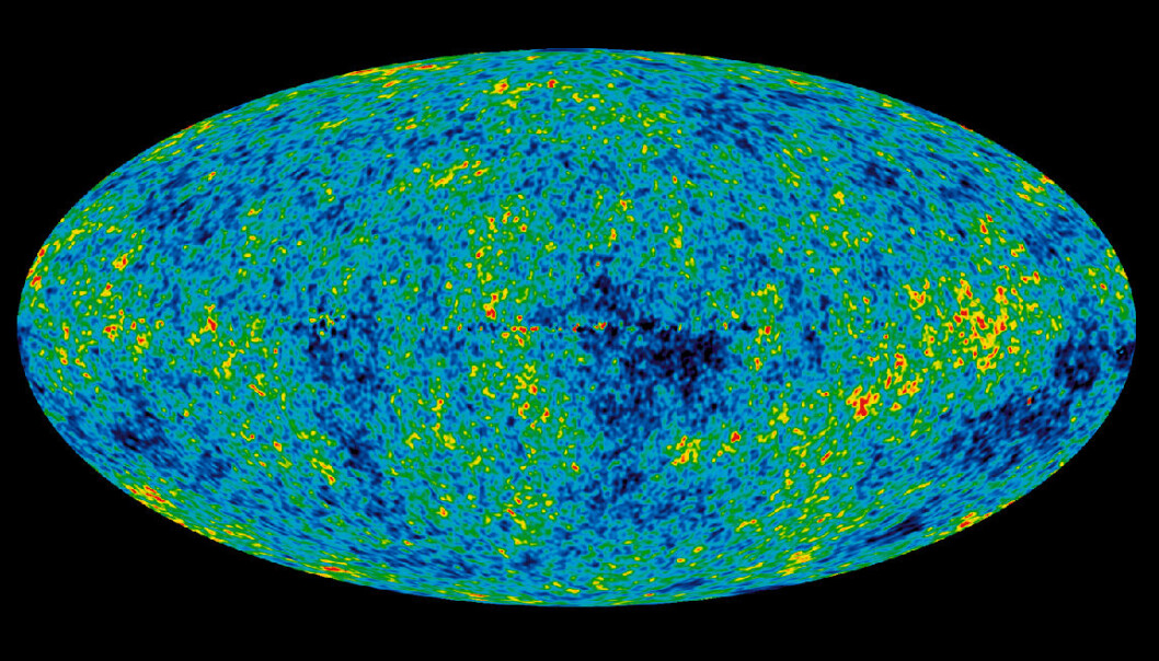 Den kosmiske bakgrunnsstrålingen er ettergløden fra tida da universet for første gang ble gjennomsiktig, 380 000 år etter det store smellet. Sju år med datainnsamling fra romsonden WMAP ligger bak dette kartet over den kosmiske bakgrunnsstrålingen på hele stjernehimmelen. De kaldeste områdene er blå. De varmeste er røde. Kartet avslørte for første gang at universet trolig ikke er likt i alle retninger. (Figur: NASA) Den kosmiske bakgrunnsstrålingen er ettergløden fra tida da universet for første gang ble gjennomsiktig, 380 000 år etter det store smellet. Sju år med datainnsamling fra romsonden WMAP ligger bak dette kartet over den kosmiske bakgrunnsstrålingen på hele stjernehimmelen. De kaldeste områdene er blå. De varmeste er røde. Kartet avslørte for første gang at universet trolig ikke er likt i alle retninger. (Figur: NASA)