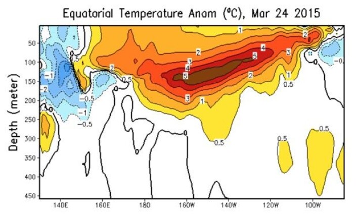 Mye varmt vann under ekvatorbeltet i Stillehavet nå. (Bilde: NOAA) Mye varmt vann under ekvatorbeltet i Stillehavet nå. (Bilde: NOAA)