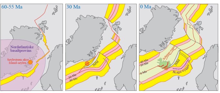 Illustrasjonen viser hvordan kontinentbiten løsnet fra Grønland, og startet sin reise ut i Atlanterhavet. Det første kartet er for 60 til 55 millioner år siden. Kontinentet kalles for Jan Mayen-mikrokontinentet (JMM på bildet). (Foto: (Illustrasjon: Reidar Trønnes)) Illustrasjonen viser hvordan kontinentbiten løsnet fra Grønland, og startet sin reise ut i Atlanterhavet. Det første kartet er for 60 til 55 millioner år siden. Kontinentet kalles for Jan Mayen-mikrokontinentet (JMM på bildet). (Foto: (Illustrasjon: Reidar Trønnes))