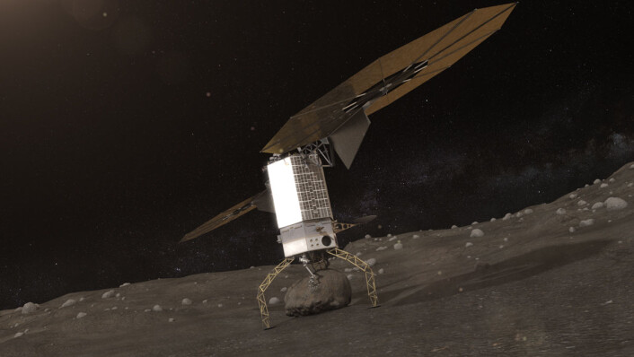 En robotarm henter opp en sten fra overflaten av en asteroide, som en del av NASAs Asteroid Redirect Mission. (Foto: (Illustrasjon: NASA)) En robotarm henter opp en sten fra overflaten av en asteroide, som en del av NASAs Asteroid Redirect Mission. (Foto: (Illustrasjon: NASA))